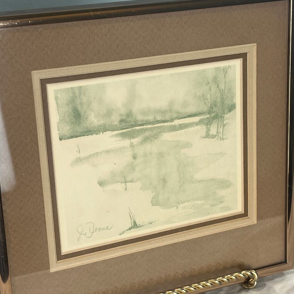 Original Signed Watercolor Landscape Painting Framed Matted Winter Pond Scene